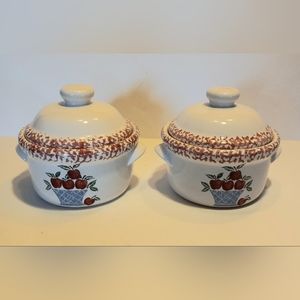 Spongeware Stoneware Apple Pudding Pot Country Lot of 2